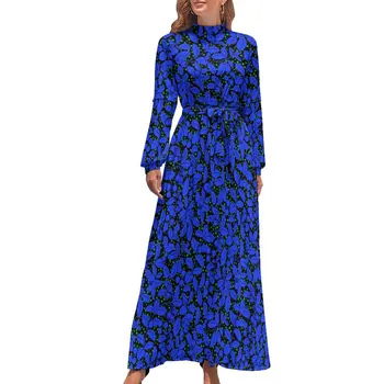 Mavi Bitki Elbise Yapraklar Baskı Zarif Tasarım Maxi Elbise Yüksek Bel Uzun Kollu Kore Moda Boho Plaj Uzun Elbiseler Görüntü