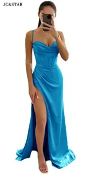 Mavi Mermaid Nedime Elbisesi Kadınlar Halter Yarık Saten balo kıyafetleri Uzun Dantelli Örgün Akşam Parti Kıyafeti Vestido Nova Sencillos Görüntü