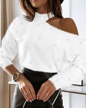 Moda Kadın Bluz 2023 Bahar Soğuk Omuz İnciler Dekor Uzun Kollu Rahat Düz Günlük Tee Üst Y2K Giysileri Görüntü