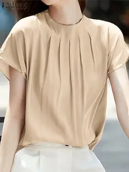 Moda Pilili Ekip Boyun Bluz ZANZEA Zarif Kadın Kısa Kollu Düz Renk Blusa Yaz Mizaç Gömlek Çok Yönlü OL Tops Görüntü