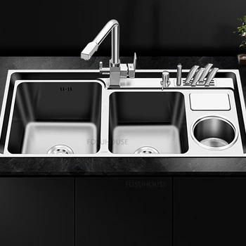 Modern 304 paslanmaz çelik lavabo Mutfak Armatürü Büyük Çift Yuvalı Fırçalanmış El Yapımı Çok Fonksiyonlu Ev Lüks Yıkama Bowlsink Görüntü