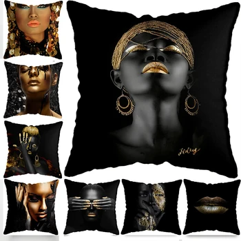 Modern Oturma Odası Siyah Altın Afrika Bayan Kadın Tarzı Görünüm Art Deco Kanepe Yastık Kılıfı minder örtüsü Görüntü
