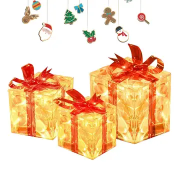 Noel Işıklı Hediye Kutuları Seti 3 Ve 2 Modları Işıklı Noel Kutusu Süslemeleri Light Up Hediyeler şeritli kutular Yaylar İçin Görüntü