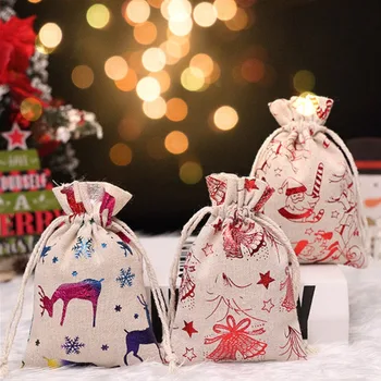 Noel İpli Cep Kar Tanesi Pamuk Keten Şeker kurabiye hediye çantası Yeni Yıl Ambalaj Poşetleri Noel Dekorasyon Doğum Görüntü