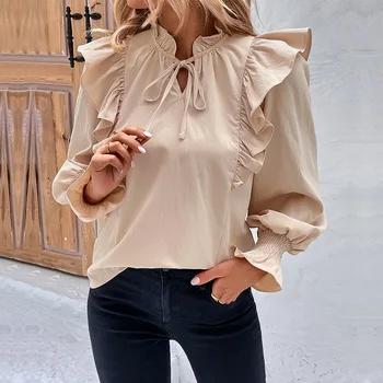Ruffles Bluz Fransız kadın Gömlek Yaz 2023 Yeni Gevşek Fit Üst O-boyun Bayanlar uzun kollu giyim Katı Bluzlar YCMYUNYAN Görüntü