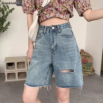 S-5XL Şort Kadın Vintage Delik Tasarım Chic Vintage Yüksek Bel Temel Rahat Bayanlar Pantolon Tüm Maç Kolej Yaz Giyim Y2k Görüntü