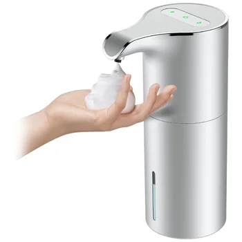 Sabunluk Otomatik Fotoselli USB Şarj Edilebilir Elektrikli köpük sabun sabunluğu Ayarlanabilir Su Geçirmez 450 ML Gümüş Görüntü