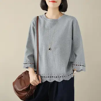 Saf pamuklu bluz Vintage Kadınlar Tops 2023 Yeni Yaz Kore O Boyun Gevşek Bluzlar Ofis Giysileri Tunicas Mujer Verano Görüntü