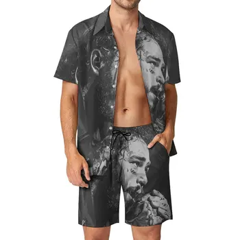 Scrimout Sonrası Malone Görünüyor Beachwear Erkekler Setleri Rapçi Şarkı Şarkı Konser Hip Hop Rahat Gömlek Seti Şort İki parçalı Trend Takım Elbise Görüntü