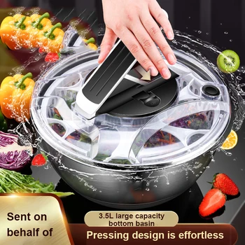 Sebze Döndürücü Kurutma Makinesi Paslanmaz Çelik Manuel Sebze Meyve Kurutma Süzgeç Marul yıkama santrifüjü Kurutucu Mutfak Aracı Görüntü