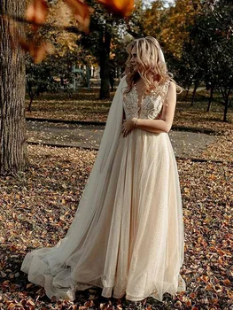 Seksi A-Line Backless düğün elbisesi 2022 Vintage Dantel Aplike Boncuklu Beyaz Tül Gelinlikler Trouwjurk Uzun Gelin Elbise Görüntü
