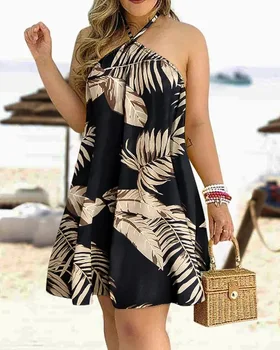 Seksi Halter Backless Plaj Mini Elbise Kadınlar 2023 Yaz Gevşek Rahat Baskı Boho Sundress Bayanlar Elbiseler Kadınlar İçin Görüntü