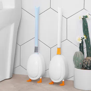 Sevimli Dalış Ördek Tarzı Tuvalet Fırçası Duvara monte Zemin Ayakta Silikon Tuvalet Fırçası Tabanı ile Banyo Temizleme Fırçası Seti Görüntü