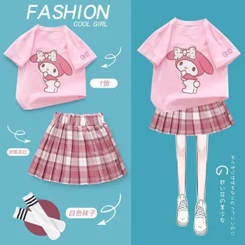Sevimli Sanrio Benim Melodi kız elbisesi Yaz Karikatür çocuk Pilili Etek Takım Elbise Kawaii Kolej Tarzı Mini Etekler Kızlar Hediyeler Görüntü