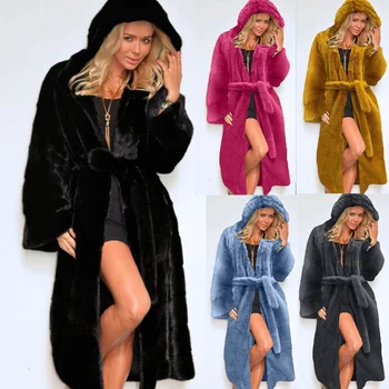 Siyah Faux Kürk Ceket Kadınlar Geniş belli Kalın Sıcak Tam Kollu Sashes Kış Yeni Rahat Moda Bayan Mont Görüntü