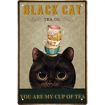 Siyah Kedi Sen Benim Fincan Çay Komik Metal Tabela Ev Rustik mutfak dekoru Retro Duvar sanat dekoru Posteri Bar 8x12 İnç Görüntü