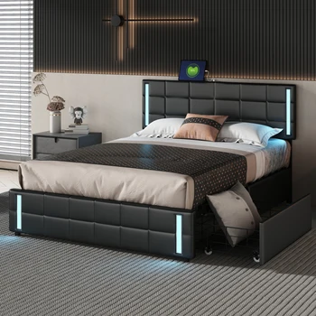 Siyah Kraliçe Döşemeli platform yatağı LED ışıkları ve USB Şarj, depolama yatağı 4 Çekmeceli, yatak odası mobilyası Görüntü