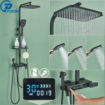 Siyah Termostatik Duş Bataryası Seti dijital ekran Yağış Duş Setleri Termostatik Duş Bataryası Banyo Duş Bataryaları Görüntü
