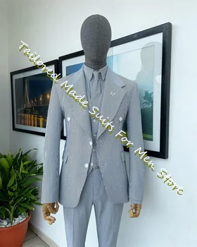 Slim Fit Gofre Erkek Takım Elbise Erkek Takım Elbise Düğün balo kıyafetleri 2023 Yüksek Kalite Lüks İtalyan Tarzı Blazers Setleri 3 adet Görüntü