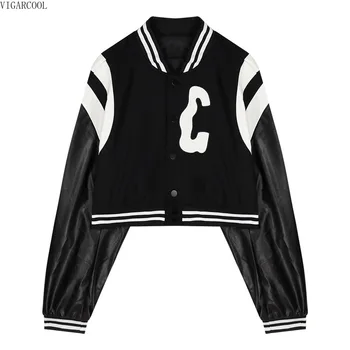 Sokak Stili Siyah PU Deri Beyzbol Üniforma Kısa Küçük Ceket kadın Bahar 2023 Yeni Amerikan Ceket Moda Uzun Kollu Üst Görüntü