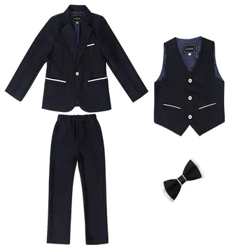 Son Tasarım Siyah Sevimli çocuk Takım Elbise Moda Çocuk giyim Seti Resmi Klasik Çiçekler Erkek Blazer (Ceket + Pantolon + Papyon + Yelek) Görüntü