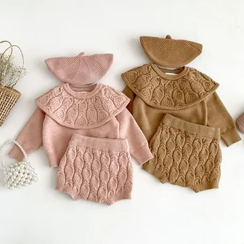 Sonbahar Bahar Yenidoğan Bebek Kız Giyim Takım Elbise Uzun Kollu Düz Renk Kazak + PP Şort Bebek Bebek Kız Örgü Giysi Set Görüntü