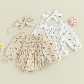 Sonbahar Bebek Bebek Kız Sonbahar Kıyafetler Kapalı Omuz Uzun Kollu Çiçek Bodysuit Kafa Bandı bahar seti Giysileri Görüntü