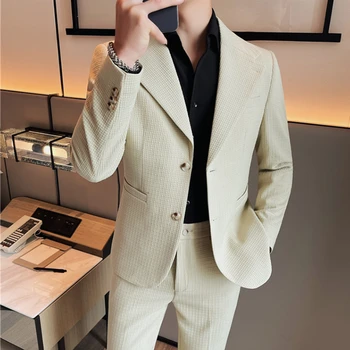 Sonbahar Kış 2 Parça Set Erkekler (Ceket + Pantolon) rahat İş Elbisesi Takım Elbise İnce Resmi Damat Düğün Ofis İş Blazer Pantolon Görüntü