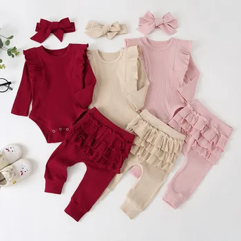 Sonbahar çocuk Giysileri Kız Rahat Pembe Uzun Kollu Dantel Kollu Ha Giyim Üç Parçalı Set Yay Headdress Bebek Takım Elbise Görüntü