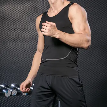 Spor Salonu erkek Çabuk Kuruyan Giysiler Koşu Spor Yelek Kolsuz Sıkı Oturan Giysiler Elastik Eğitim Elastik Spor Görüntü