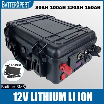 Su geçirmez 12V lityum iyon batarya 12v 80AH 100AH 120Ah 150Ah trolling için motorlu tekne Güneş Enerjisi Depolama + 10A şarj cihazı Görüntü