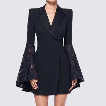 Tasarımcı Sonbahar Siyah Patchwork Dantel Parlama Kollu Blazer Mini Elbise Kadınlar Çentikli Yaka Kruvaze Ofis Bayanlar Vestidos Görüntü