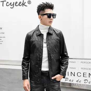 Tcyeek Motosiklet Gerçek Deri Ceket Erkekler Bahar Güz Giysi Ince Yağ Mumu Inek Derisi Ceket Kısa Doğal Deri Ceketler Adam Chic Görüntü