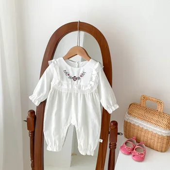 Toddler Bebek Kız Prenses Uzun Kollu Romper Sonbahar Bebek Nakış Çiçek Dantel Yaka Pamuk Tulum Yenidoğan Kız Giysileri Görüntü