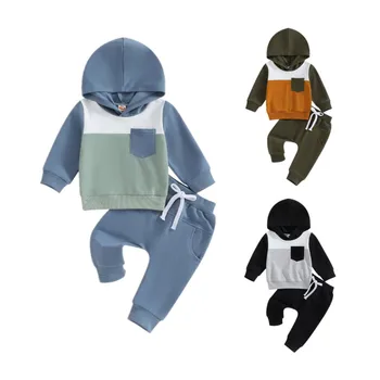 Toddler Erkek Bebek Giysileri Bahar Sonbahar Pantolon Setleri Kıyafetler Kontrast Renk Uzun Kollu Hoodies Tişörtü Üst ve Alt Setleri Görüntü