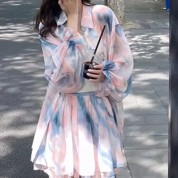 Trend Streetwear kadın Giyim Moda Gevşek Düğmeler Elbise Setleri Batik Baskı turn-aşağı Yaka Uzun Kollu Üç parça Görüntü
