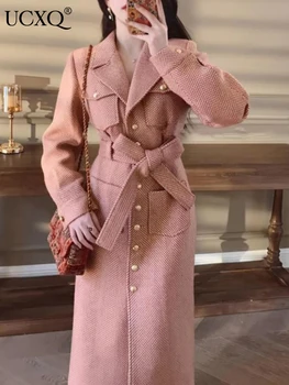 UCXQ Vintage Pembe Ekose İnce Tüvit Ceket Sonbahar Kış 2023 Kadın Orta uzunlukta Ofis Bayan uzun Ceket Çentikli Yaka Giyim Gelgit Görüntü