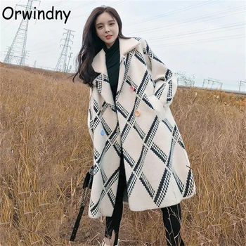Uzun gevşek yün ceket kadın sonbahar ve kış moda ceket dış giyim açık dikiş giyim Orwindny Görüntü