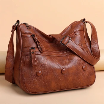 Vintage Omuz kadın Çantası Yıkanmış PU Deri çapraz askılı çanta Çok Fonksiyonlu askılı çanta Büyük Kapasiteli Bayan Çanta Görüntü