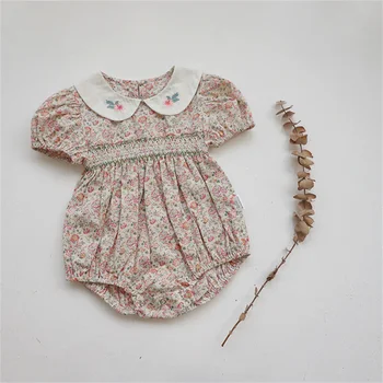Vintage Çiçek Kız Önlüklü Romper Yaz Kısa Puf Kollu Bebek Bodysuit Toddler Kız Giyim Çocuk Tulum 0-24M Görüntü