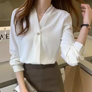 X2075 kadın Beyaz Gömlek Uzun Kollu V Yaka Gevşek Casual Şifon Bluz OL Lady Tişörtleri Görüntü