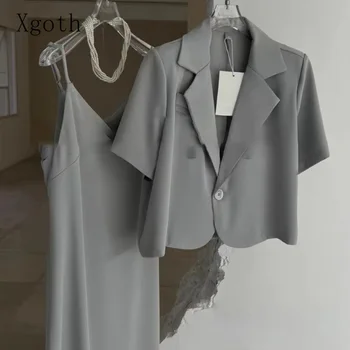 Xgoth Ofis Bayan Kısa Kollu Blazer Seti Kadın Yaz Estetik Niş Mizaç Takım Elbise Kayma Elbise İki Parçalı Set / tek Parça Görüntü