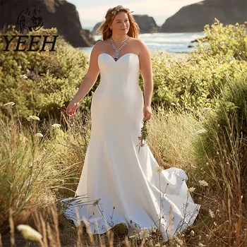 YEEH Artı Boyutu düğün elbisesi Basit Düz Saten gelin kıyafeti Sevgiliye Boyun Çizgisi Mermaid Mahkemesi Tren Vestido De Noiva Gelin için Görüntü