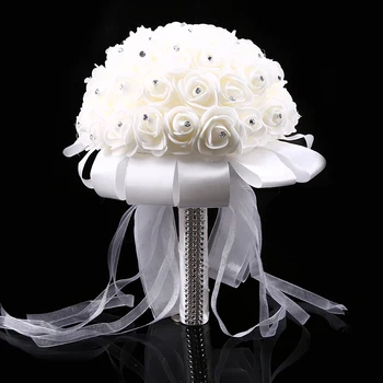 Yapay çiçekler Düğün Buketleri Simülasyon Beyaz Gül Şerit Taklidi Nedime Gelin Parti Ev Dekorasyonu Görüntü