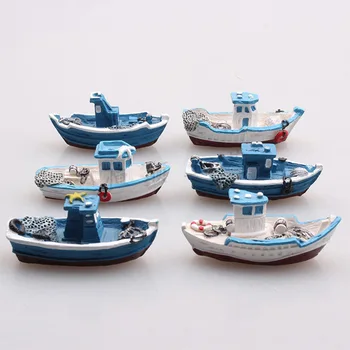 Yaratıcı Mini Tekne Modu Akdeniz Tarzı Deniz Denizcilik Yapay Reçine Mavi Gemi Figürleri Zanaat Ev Odası İçin Parti Dekor Görüntü