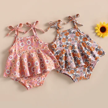 Yaz Bebek Bebek Kız Kıyafetler Kolsuz Kravat Omuz Çiçek Cami Tops + Şort Giyim Seti Görüntü