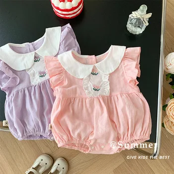 Yaz Giyim için Bebek Kız Toddler Rahat Yaka Giysileri Yenidoğan Doğum Günü Sevimli Romper Bebek İşlemeli Çiçek Tulum Görüntü