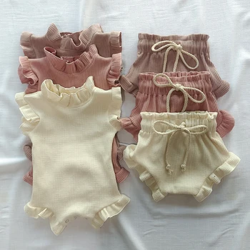 Yaz Yeni 2 Adet Bebek Bebek Kız Giysileri Set Pamuk Fırfır Yenidoğan Yelek Romper Tops Gaf Şort Takım Elbise bebek dış giyim Görüntü