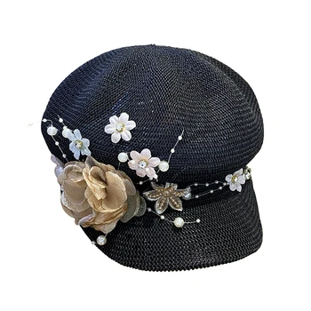 Yaz örgü yüz kaplama sekizgen şapka nefes inci çiçek Kore versiyonu bere kap, kap, kadın çok yönlülük Görüntü