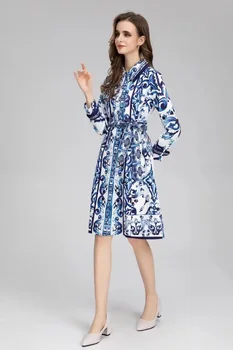 Yeni 2023 Sonbahar Kış Moda Uzun Palto Yüksek Kaliteli Giyim Kadın turn-aşağı Yaka Vintage Porselen Baskılar Mavi Paltolar Görüntü